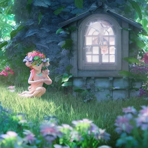 Image similar to a tiny cute fairy in a flower house, realistic beautiful face, large eyes, cute, adorable, volumetric light, octane render, studio ghibli, trending on artstation