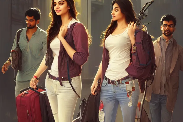 Image similar to Optimistic good looking pale young Indian doctors wearing jeans at the airport, portrait, elegant, intricate, digital painting, artstation, concept art, smooth, sharp focus, illustration, art by artgerm and greg rutkowski and alphonse mucha