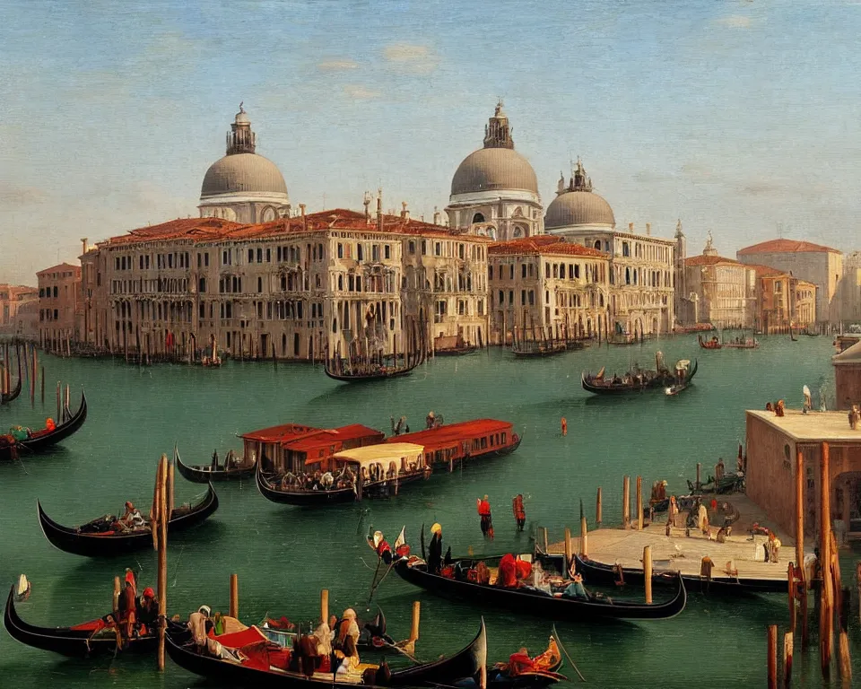 Image similar to an achingly beautiful oil painting of a modern cruise ship docking in venice by Raphael and Hopper.