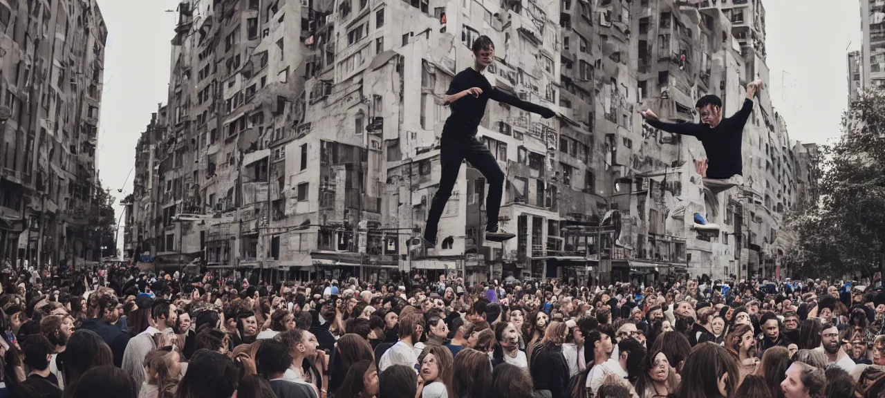 Prompt: A man casually levitating 15 feet off the ground while a crowd of surprised onlookers watches. Photo realistic, DSLR photograph, Cinematic, dramatic lighting, award winning