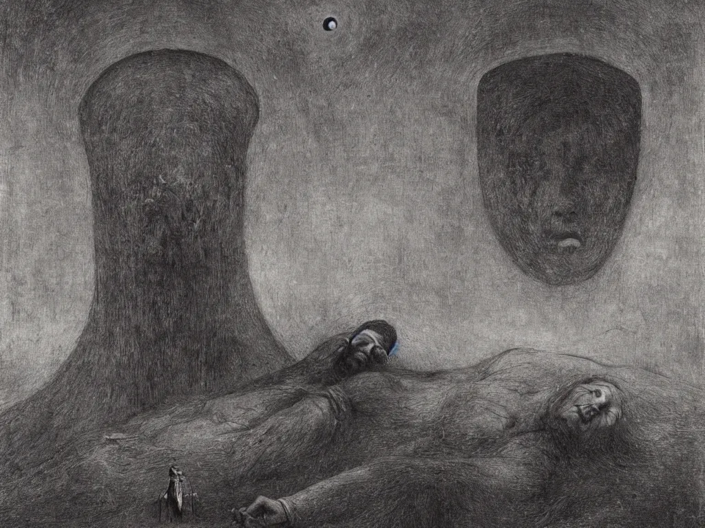 Image similar to dream bot mothership above the giant forehead of a sleeping man. painting by bosch, beksinski, alfred kubin, max ernst