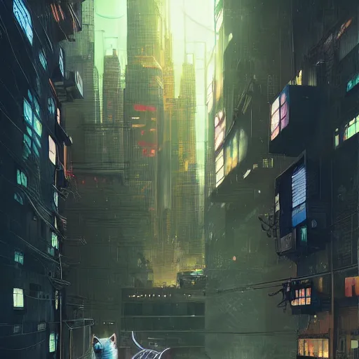 Prompt: cybercat in window | cyberpunk cityscape, illustrated by james warhola and greg rutkowski