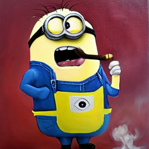 Prompt: minion smoking a cigar, oil painting