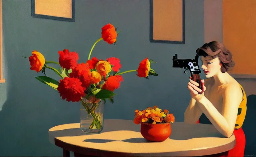 Image similar to beautiful still life featuring blooming flowers and a hand gun, very coherent, painted by Edward Hopper, painted by James Gilleard, airbrush, art by JamesJean