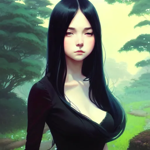 Prompt: a beautiful girl with long black hair, royal garden background, sharp focus, intricate, digital painting, artstation, highly detailed, ambient lighting, by Studio Ghibli, artgerm, Ilya Kuvshinov, and Greg Rutkowski