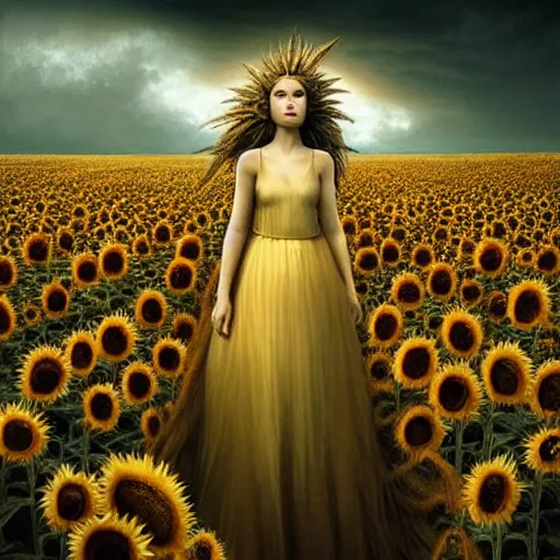 Prompt: by artgerm and agostino arrivabene, visually stunning, cinematic, ultra realistic, hyper realism, epic, octane render, unreal engine, vfx, maya, a girl slowly walking through amazing tall sunflower field, hair flowing, dark clouds incoming, early morning, fungal enchanter, murloc tinyfin, dread infernal, wee whelp, battle ram