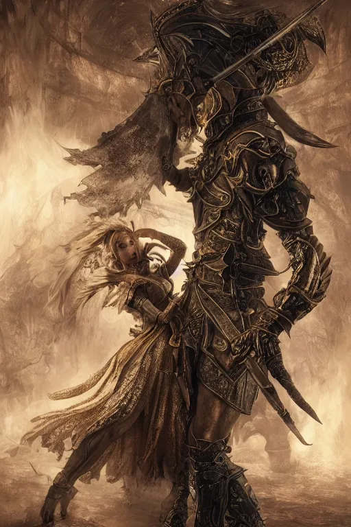 Image similar to dancing with a female devil, Dark Souls 3 themed, in style of Ruan Jia, insanely detailed and intricate, golden ratio, elegant, ornate, luxury, elite, matte painting, cinematic, cgsociety, James jean, Brian froud, ross tran, Laputa