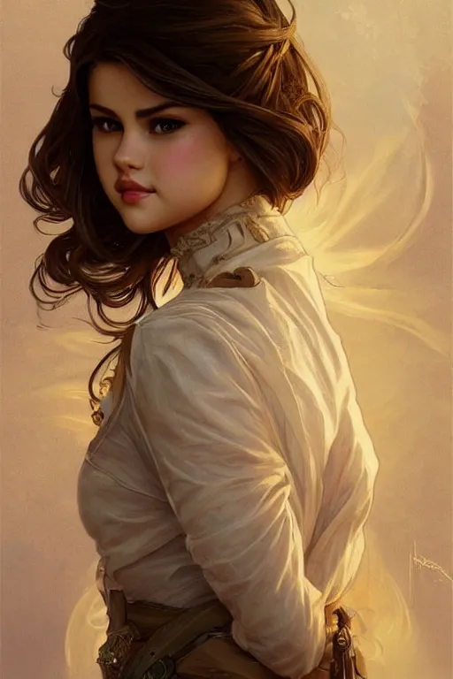 Image similar to beautiful cottagecore selena gomez, intricate, swagger, highly detailed, digital painting, artstation, concept art, smooth, sharp, focus, illustration, art by artgerm and greg rutkowski and alphonse mucha