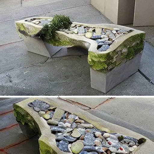 Image similar to creative concrete benches, colorful, olive trees