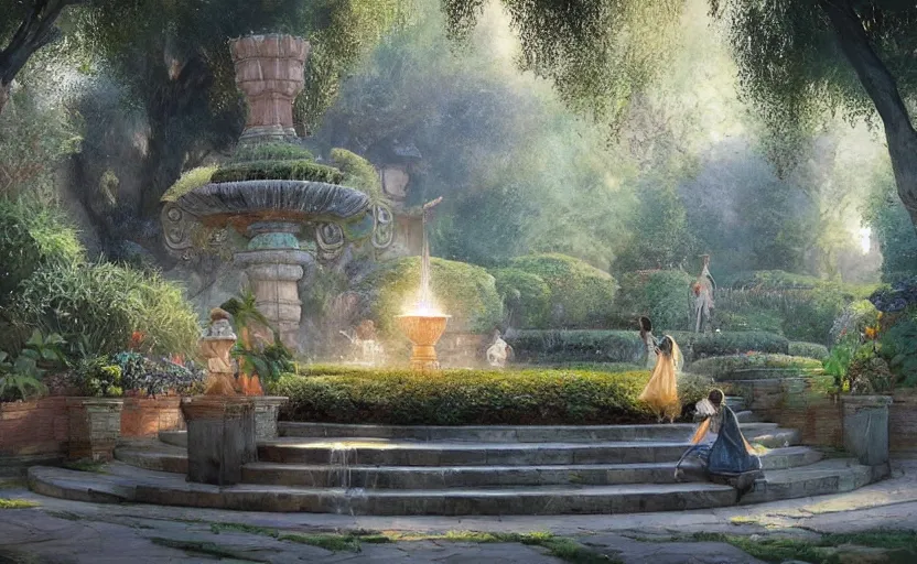 Image similar to Beautiful garden, next to a fountain and a mystical palace, intricate, elegant, volumetric lighting, digital painting, highly detailed, artstation, sharp focus, illustration, concept art, ruan jia, steve mccurry