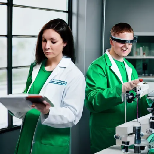 Image similar to two scientists wearing green lab coats studying in a laboratory, 4k, photorealistic