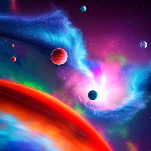 Image similar to magic fluids swirling around in space with planets in the background, colorful, realistic, magic, fluid, photoreal, space, 8k