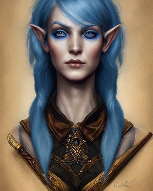 Prompt: a detailed matte oil on canvas head on symmetrical portrait of a distinguished elven woman with separated blue hair ( ( ( ( ( makeup ) ) ) ) ) by charlie bowater and lise deharme wlop, trending on artstationhd, dungeons and dragons art critical role