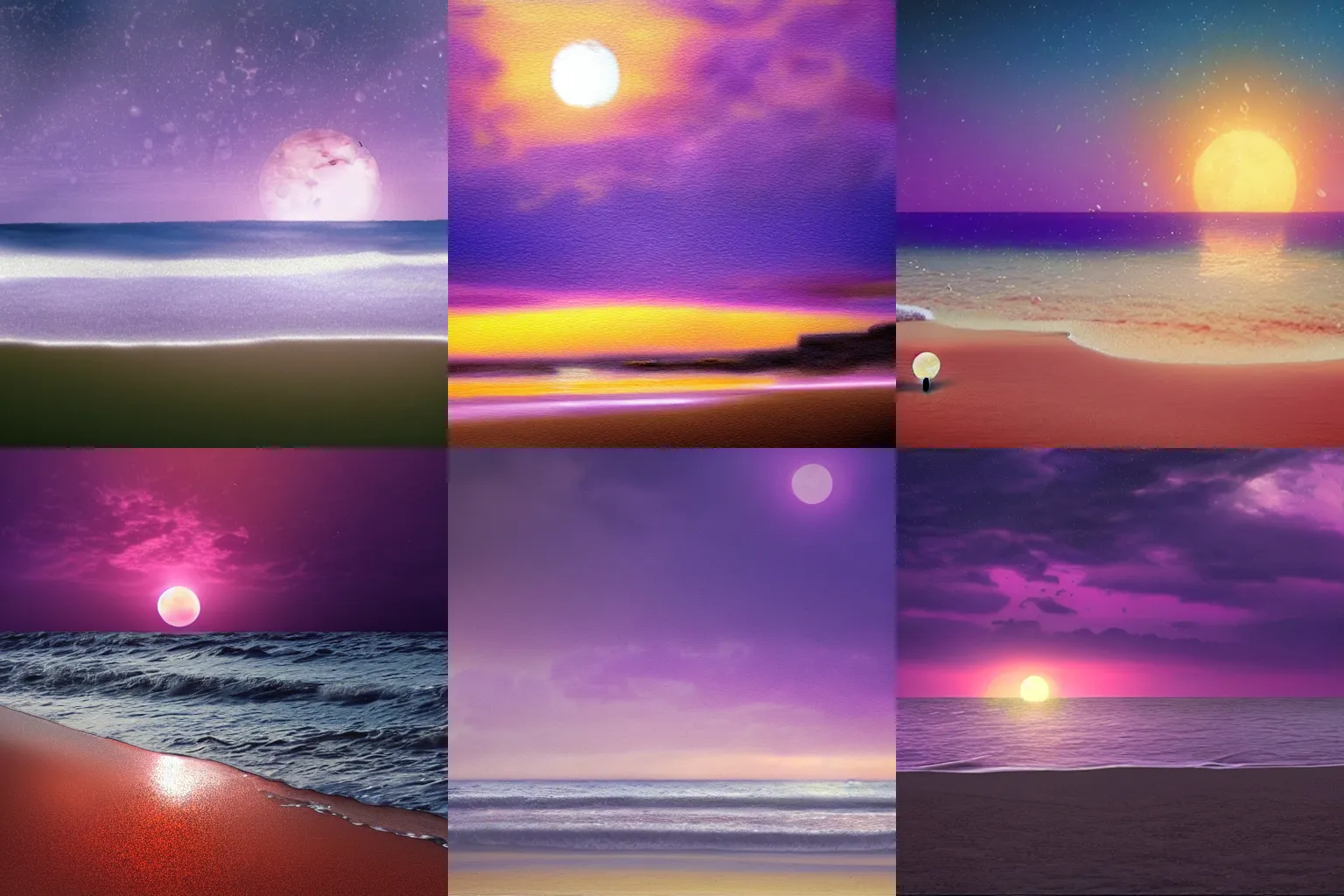 Prompt: a sunset on the beach, its raining, purple light from the moon, photorealistic detailed