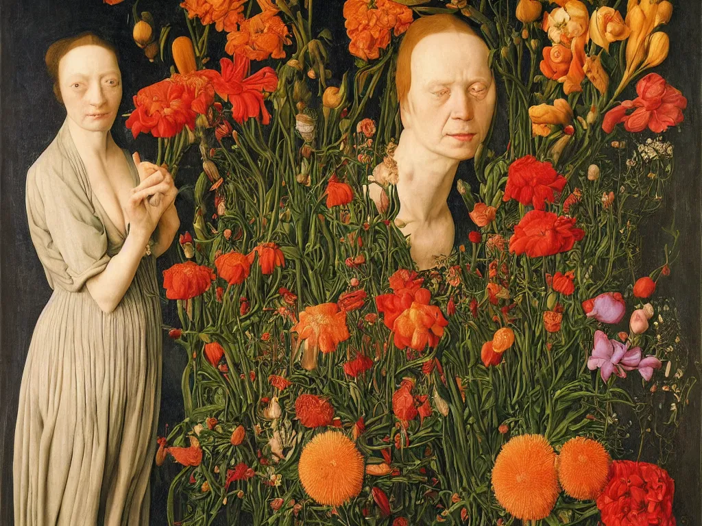 Image similar to Portrait of Meth addict with beautiful, exotic flowers. Painting by Jan van Eyck, Audubon, Maria Sybilla Merian, Rene Magritte, Agnes Pelton, Max Ernst, Walton Ford