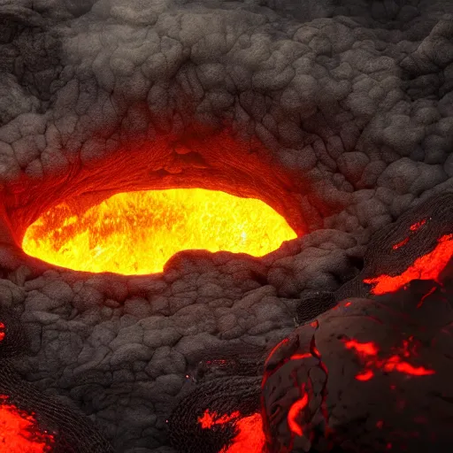 Prompt: head of the doom slayer emerges from a lava lake, cave background, high detail, lava reflections, cave reflecting in the lava lake, dramatic shot