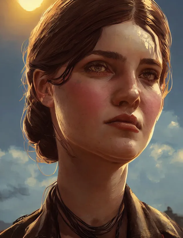 Prompt: close face portrait of a young female waitress as red dead redemption 2 concept art, art by ryo shiotani and greg rutkowski, intricate, beautiful, cute, cinematic lighting, vintage art by serge ivanoff, high resolution, very detailed