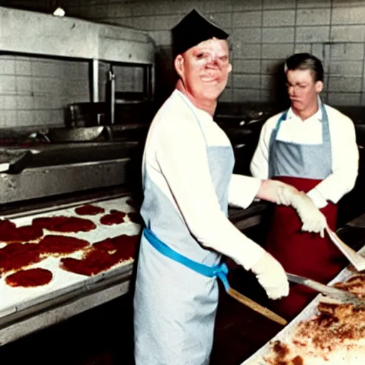 Image similar to ronald mc donald in a slaughterhouse wearing apron.