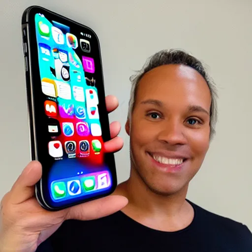 Prompt: new Iphone 14XL is huge - 12 Inch screen with no Bezel, shown in a normal person's hands