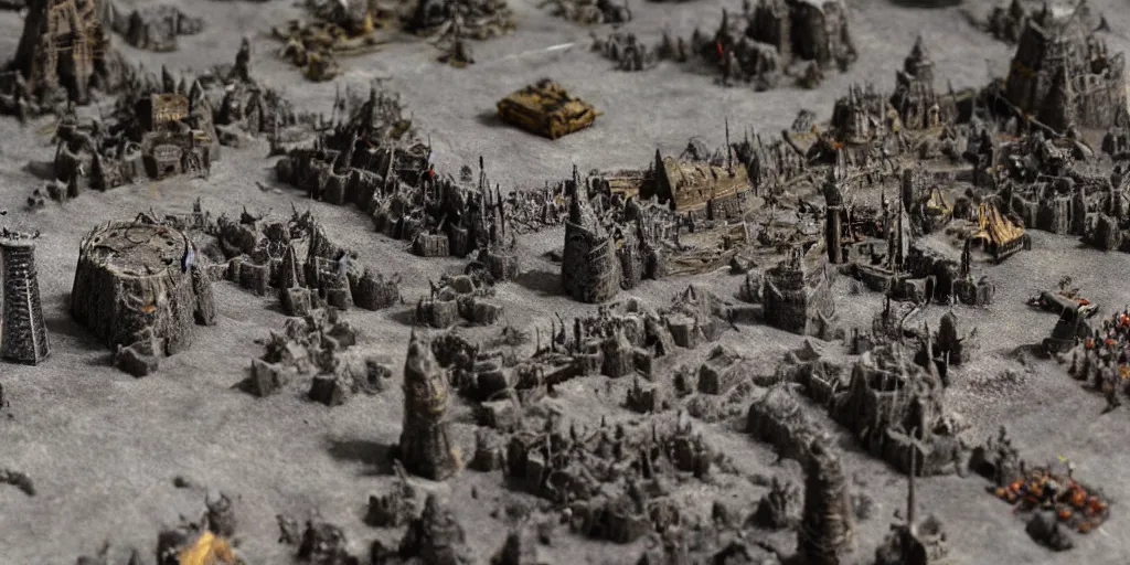 Image similar to needle felt of battle of helms deep, tilt shift, action shot, explosions, dust, detailed textures, dramatic light, god rays