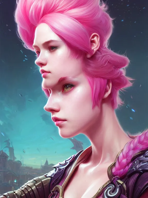 Image similar to a League of Legends FAN ART Portrait of VI, pink hair, intricate, elegant, highly detailed, digital painting, concept art, smooth, sharp focus, illustration, by Laurie Greasley,Lawrence Alma-Tadema,Dan Mumford,artstation,deviantart,Unreal Engine,face enhance,8K,golden ratio,cinematic lighting