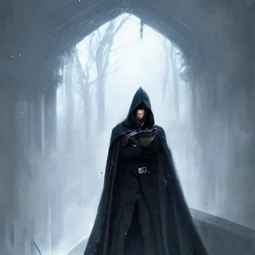 Image similar to portrait of a small pale cowardly man wearing dark hood, fantasy artwork, high fantasy, by greg rutkowski