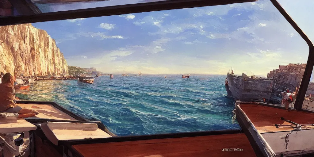 Image similar to looking out a boat window on the water, low angle from water pov, wide angle, sunset, a mediterranean phoenician fishing village in the distance, over a chalk cliff, highly detailed, digital painting, artstation, concept art, sharp focus, illustration, art by artgerm and greg rutkowski and raphael lacoste and magali villeneuve