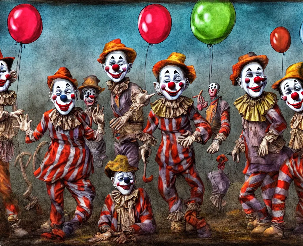 Image similar to dirty - looking clowns with unseemly intentions lining up at the entrance to a suspicious circus tent, disturbing digital painting, high detail