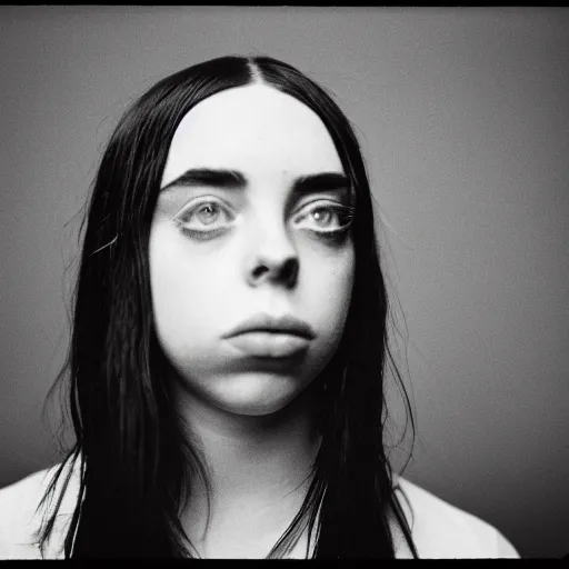 Image similar to photo of Billie Eilish by Diane Arbus, black and white, high contrast, Rolleiflex, 55mm f/4 lens