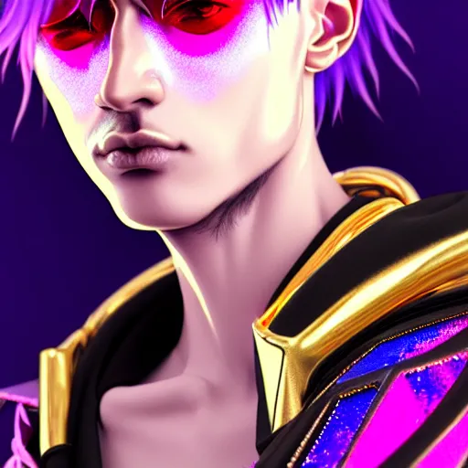 Image similar to hyperdetailed close portrait of a stunningly beautiful cyberpunk boy androgynous wizard made of iridescent metals and shiny pink gems, bright rainbow nimbus, gold necklace, gold background inspired by ross tran and masamune shirow and kuvshinov, concept art, intricate, photorealistic, octane render, rtx, hdr, unreal engine, dnd digital art by artgerm