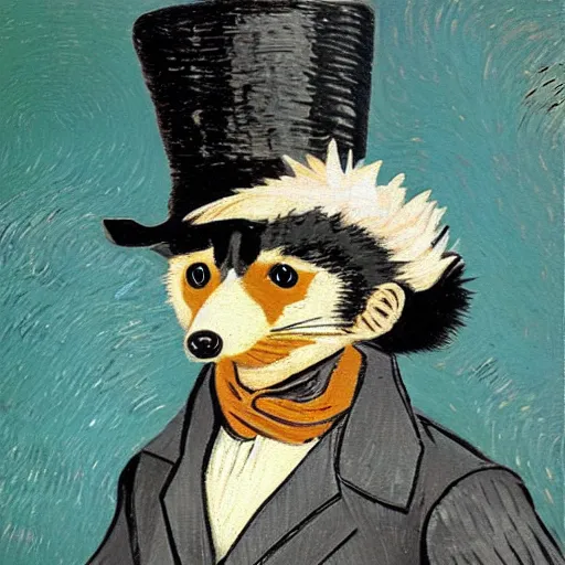 Prompt: a raccoon wearing formal clothes, wearing a top hat and holding a cane. The raccoon is holding a garbage bag. Oil painting in the style of Rembrandt Vincent van Gogh Hokusai pixel art abstract cubism Egyptian tomb hieroglyphics