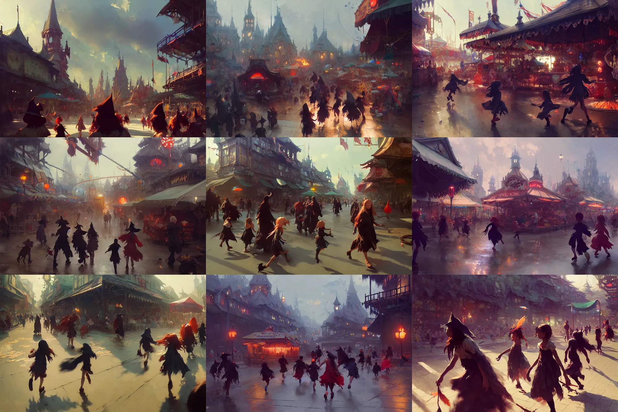 Prompt: young witches running around exploring small town carnival amusement, food stalls, highly detailed, digital painting, concept art, matte, art by ruan jia and wlop and greg rutkowski and makoto shinkai, masterpiece