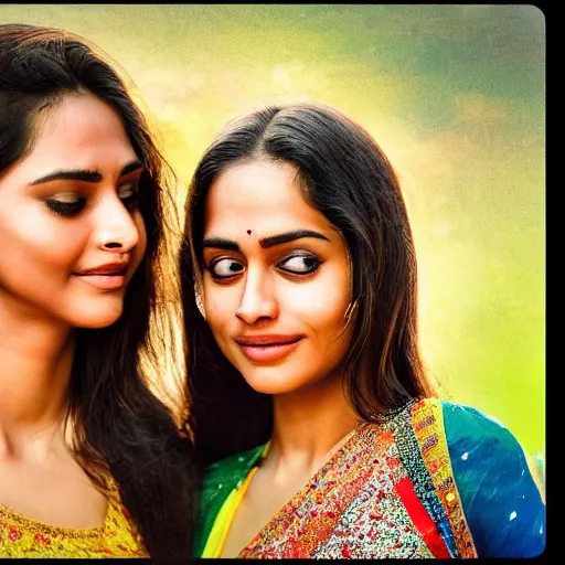 Prompt: unbelievably beautiful, perfect, dynamic, epic, cinematic 8K HD movie shot of two semi-close-up Indian women beautiful expressing joy and posing together. By oscar winning director. Motion, VFX, Inspirational arthouse, high budget, hollywood style, at Behance, at Netflix, with Instagram filters, Photoshop, Adobe Lightroom, Adobe After Effects, taken with polaroid kodak portra