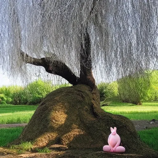 Image similar to “ a cute pig, meditating like buddha, large willow tree in the background. ”