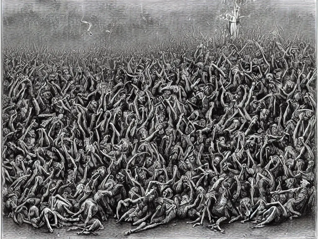 Image similar to tormented mushroom souls being taken by death. Fine art engraving by Gustave dore. 1868.