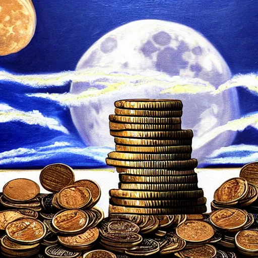 Image similar to a painting of a giant stack of coins heading towards the moon