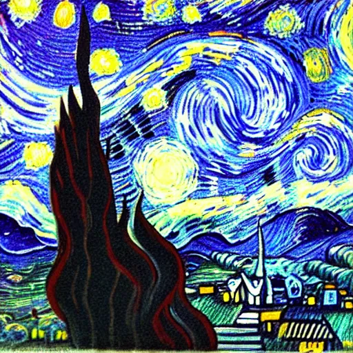 Image similar to “a foggy night in the style of starry night”