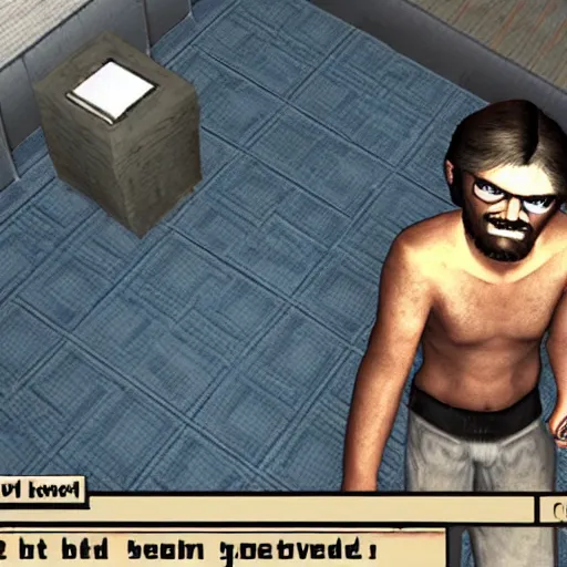 Image similar to game screenshot of Ted Kaczynski inside Ico, ps2 graphics