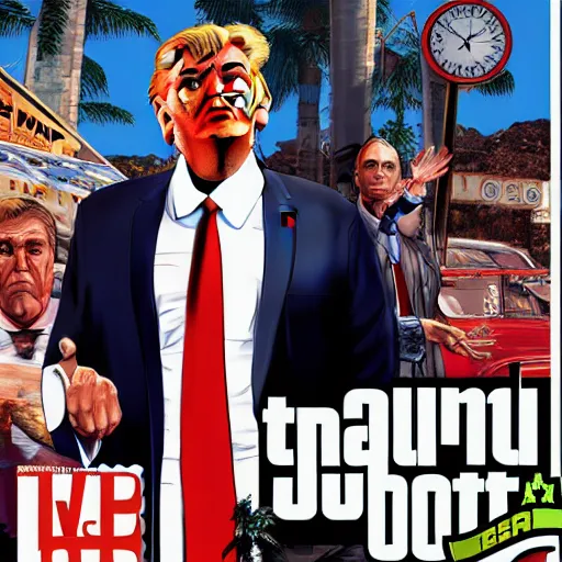 Image similar to donald trump, gta v, cover art by stephen bliss, boxart, loading screen, artstation, digital art