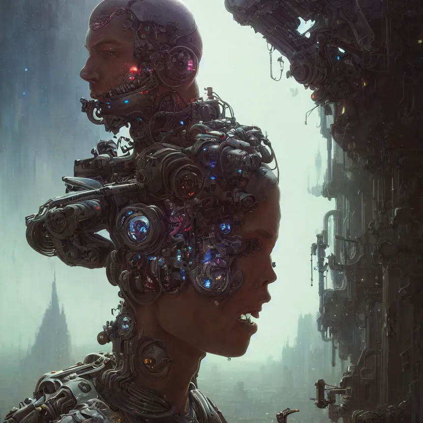 Image similar to hyper realistic detailed portrait of cyborg, stephen bliss, unreal engine, fantasy art by greg rutkowski, loish, rhads, ferdinand knab, makoto shinkai and lois van baarle, ilya kuvshinov, rossdraws, tom bagshaw, alphonse mucha, global illumination, radiant light, detailed and intricate environment, highly detailed, award winning art