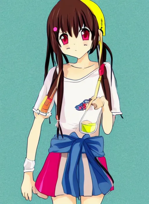 Image similar to drawn anime girl, cute outfit, posing, crayon art, very silly looking, very anime