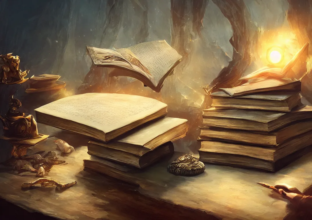 Prompt: a painting of a magical book laying open on a desk, fantasy concept art, golden hour, cinematic lighting, highly detailed