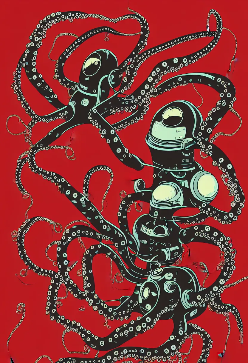 Image similar to concert poster for 'Grandpa Finger', dying robot octopus, vector art, 8k, highly detailed illustration