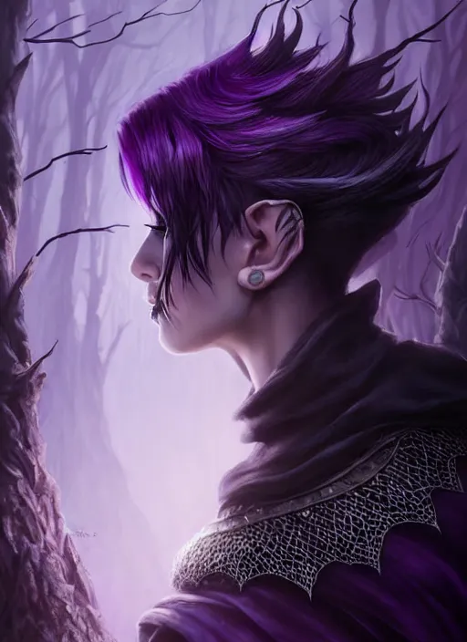 Image similar to side portrait Melanie Strohmaier as dark witch, adventurer outfit large cloak, fantasy forest landscape, dragon scales, fantasy magic, undercut hairstyle, short purple black fade hair, dark light night, intricate, elegant, sharp focus, illustration, highly detailed, digital painting, concept art, matte, art by WLOP and Artgerm and Greg Rutkowski and Alphonse Mucha, masterpiece