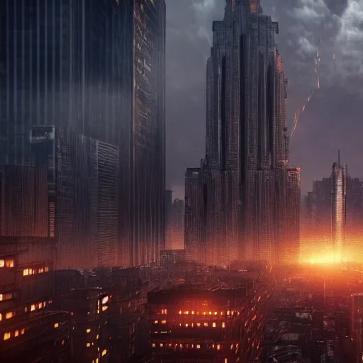 Image similar to detailed art of a metropolis with the citizens looking upward in fear, darkness, Stunning volumetric light, sunset, concrete and translucent material, beautiful sky with a beautiful skyline, trending on Artstation, 8k, photorealistic, hyper detailed, unreal engine 5, IMAX quality, Greg rutkowski, cinematic, epic lighting,