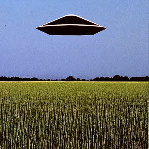 Image similar to a 1 9 9 0 photograph of a diamond shaped ufo over a field, grainy, photo realistic