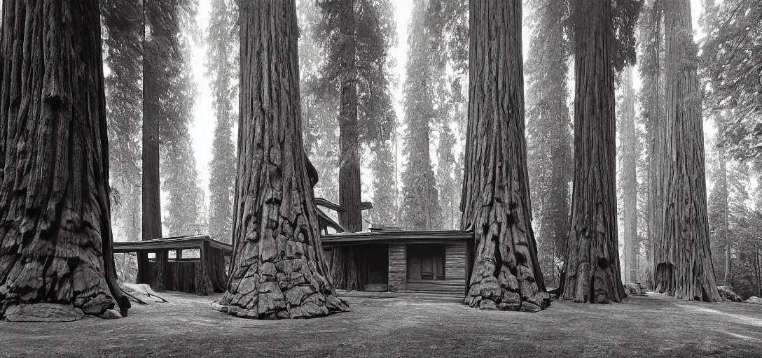 Prompt: house built into and inside a single giant sequoia. photograph by jerry uelsmann.