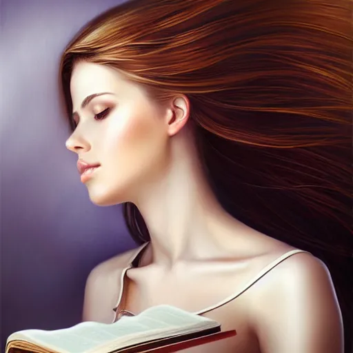 Prompt: a girl reading a book, hair flowing down, symmetric!, 8 k, hyperrealistic, hyperdetailed, fantasy portrait by laura sava