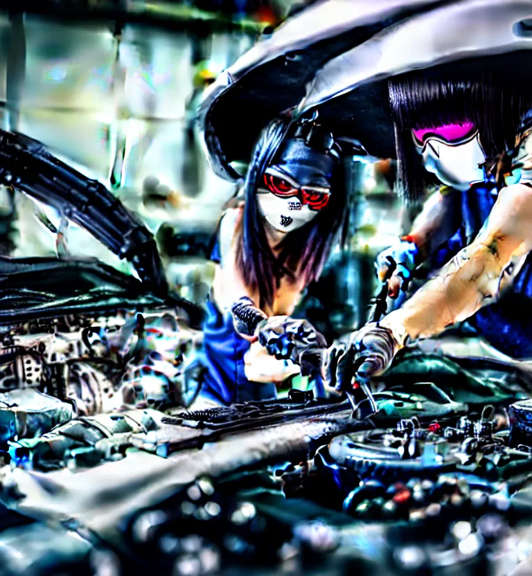 Image similar to a photo close up a female mechanic working on engine of a cyberpunk supercar, wearing mask, japanese tuning garage, cyberpunk gunma prefecture, midnight, photorealistic, cinematic color, studio lighting, highly detailed, bokeh, style by tomino - sama