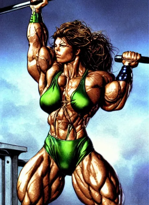 Image similar to jessica biel as she - hulk lifting barbell in overhead press. green skinned, muscular, bodybuilding woman, wheyfu. illustration luis royo, boris vallejo, detailed, realistic